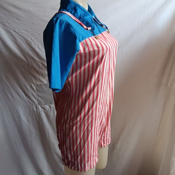 Small Vintage 1970's 1OF1 Blue Red Striped Cotton Blend Womens Romper Handmade - Picture 3 of 7